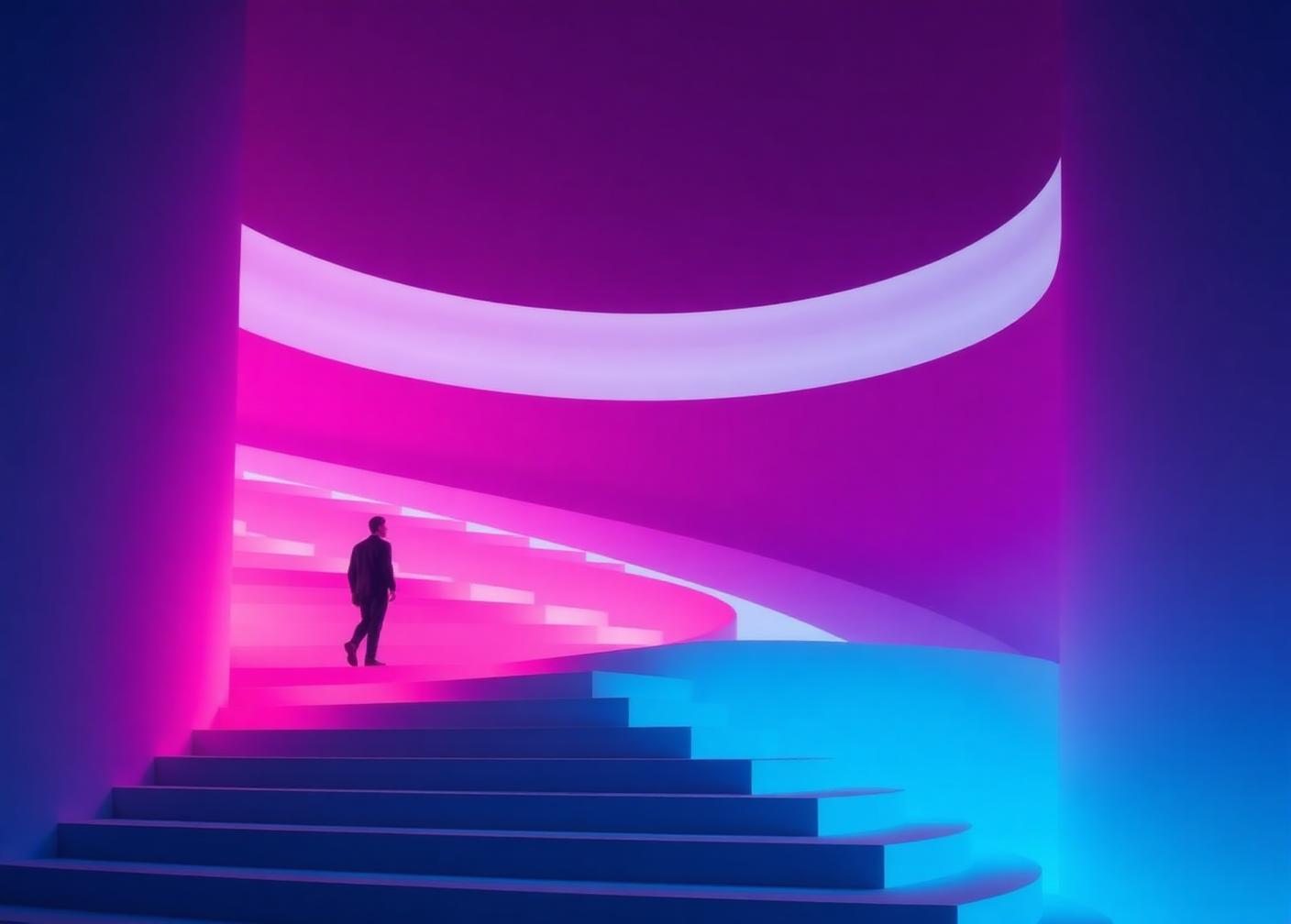 A person ascending a luminous staircase of light through layered planes