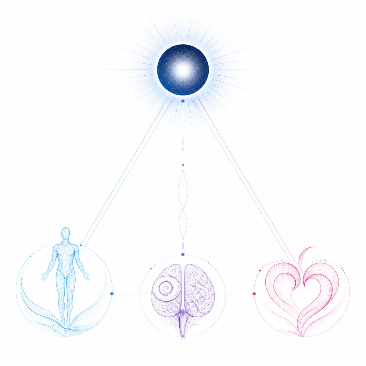 Integral pyramidal form: Body, Brain and Emotion at the base, Consciousness radiating at the apex